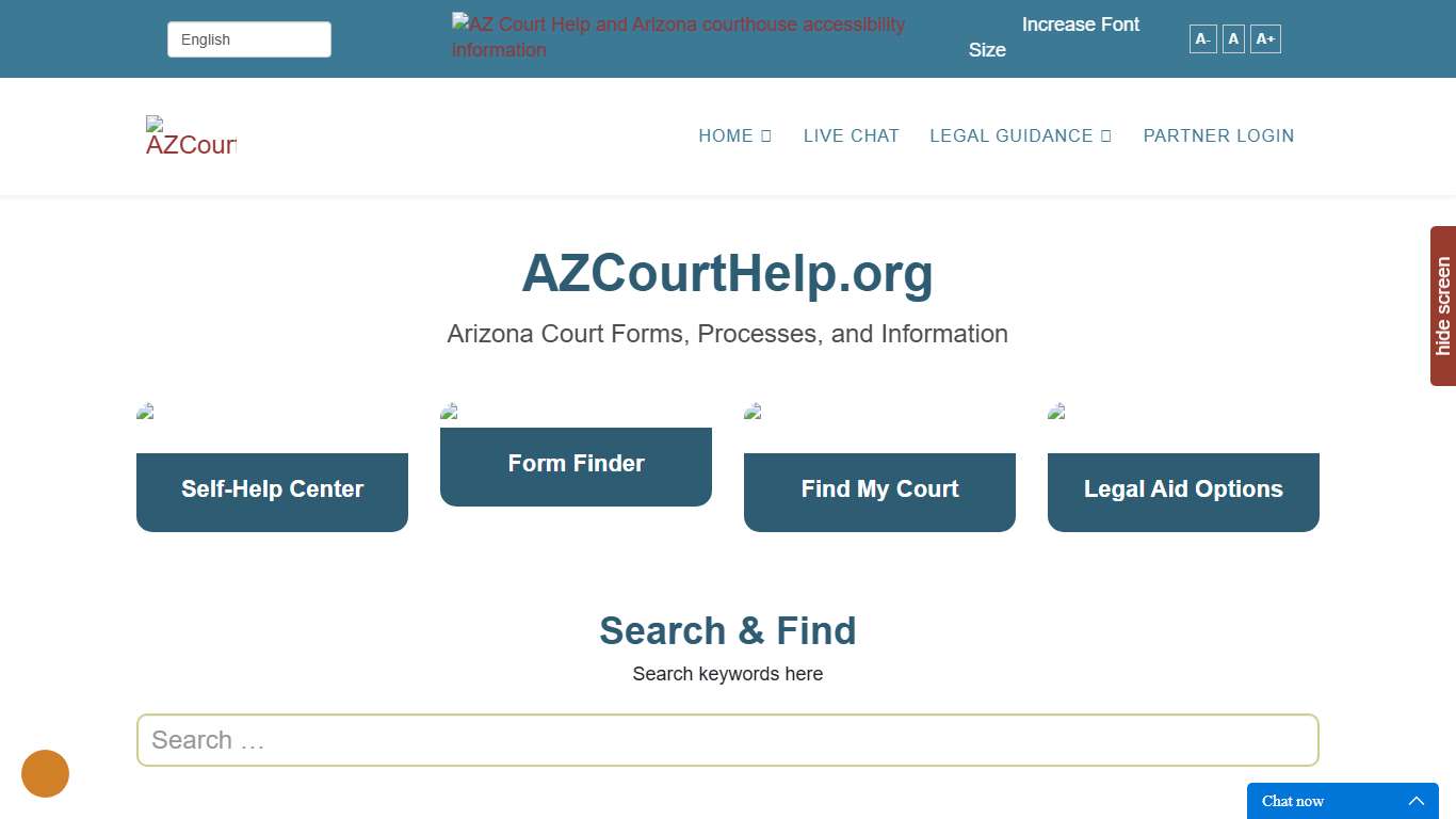 AZCourtHelp.org homepage that directs users to Arizona court resources