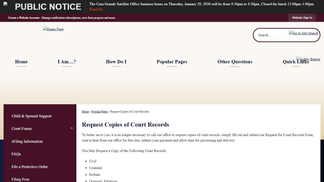 Request Copies of Court Records Pinal County COSC, AZ